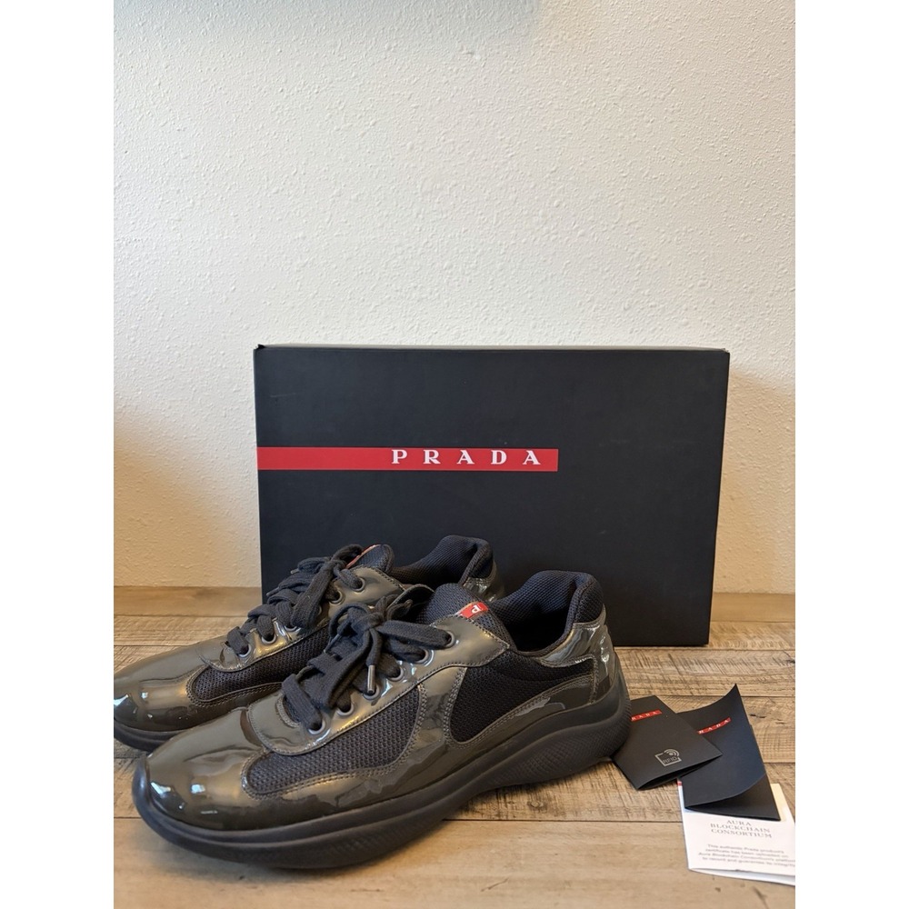 PRADA America's Cup Sneakers 4E3400 Black Patent Leather Mens US 9 Prada 8